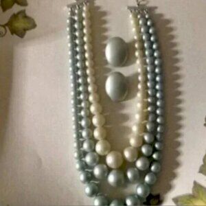Vintage 3-Strand Matte` Blue Faux Pearl Tone Necklace with Married Earrings